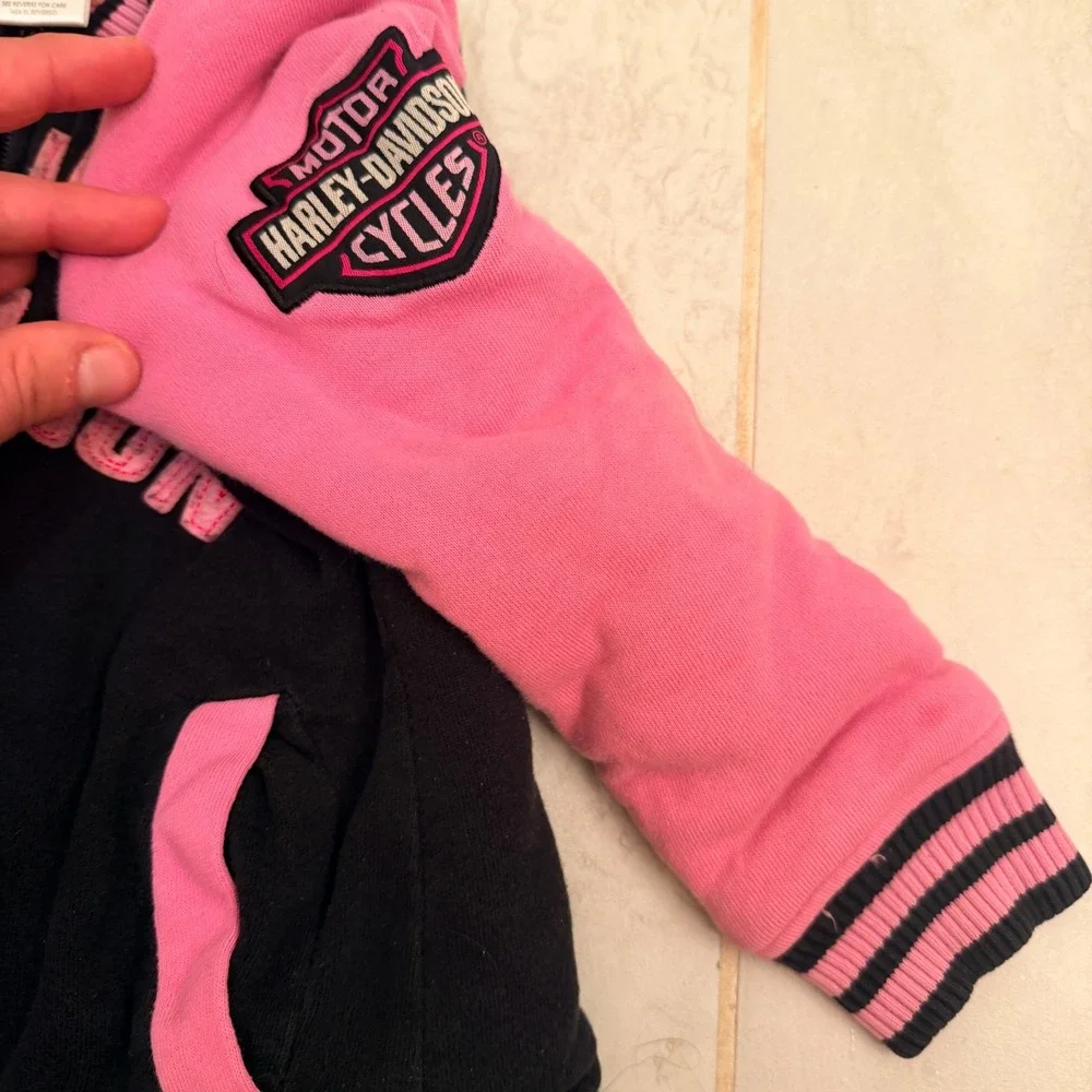 Harley Davidson Varsity Bomber Jacket Kids Size 5 Pink Black Fleece Lined Biker